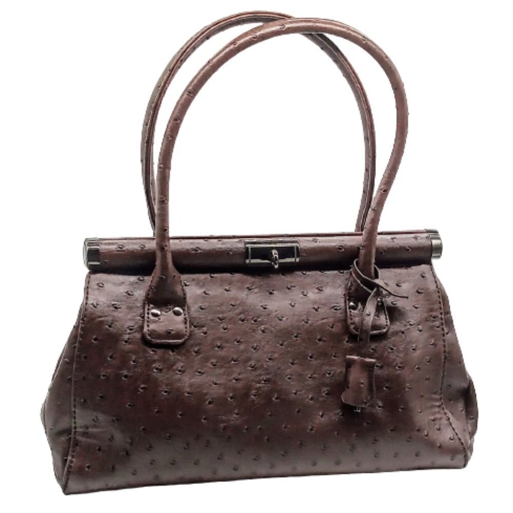 Coffee Brown Faux Ostrich Skin Gunmetal Satchel Bag